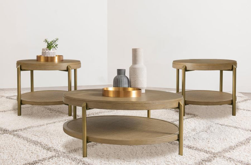 Arini Round Coffee and End Table Set Sand Wash 3-piece