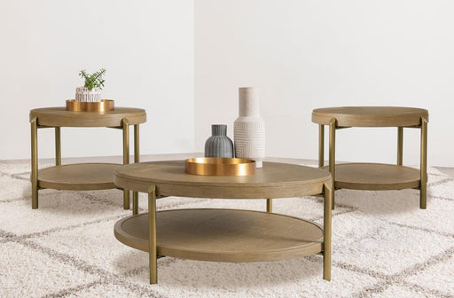 Arini Round Coffee and End Table Set Sand Wash 3-piece