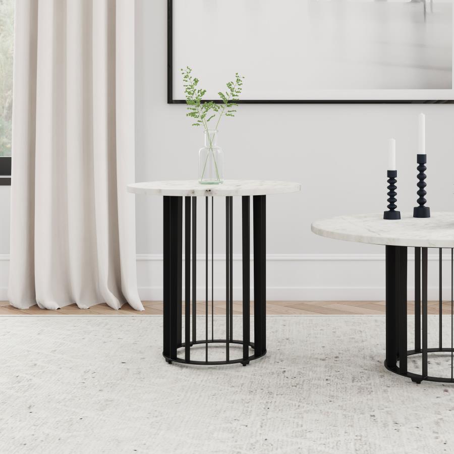 Haven Round Genuine White Marble Top End Side Table Black Default Title