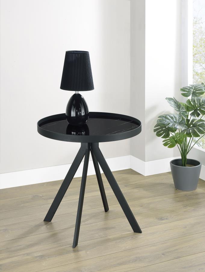 Briggs Round Marble Printed Glass Top End Side Table Black