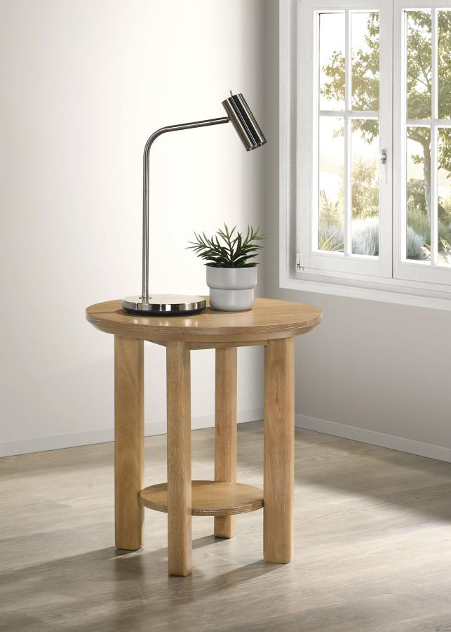 Ottowa Round Wood Side End Table with Shelf Washed Oak