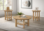 Ottowa Round Wood Coffee Table Set Washed Oak 3-piece