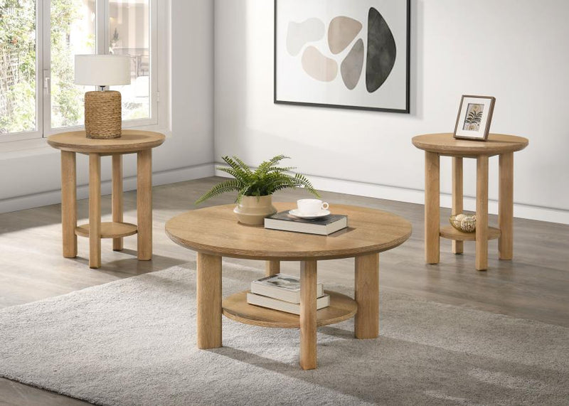 Ottowa Round Wood Coffee Table Set Washed Oak 3-piece