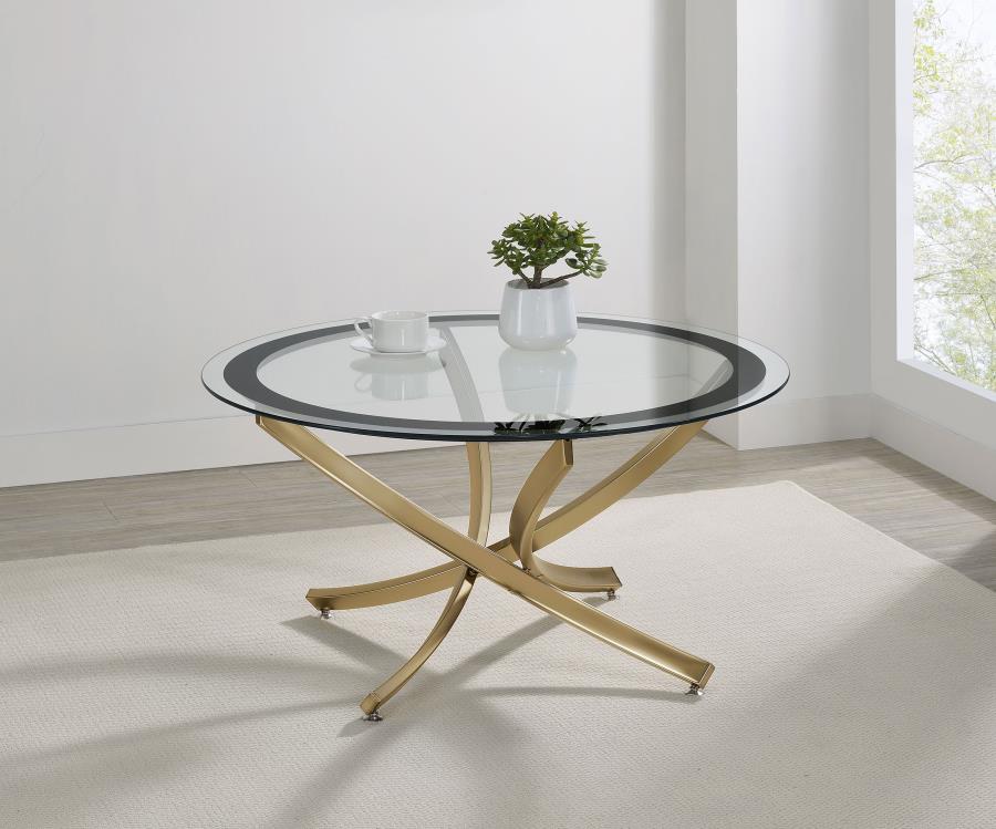 Brooke Round Glass Top Coffee Table Metal Base Rose Brass