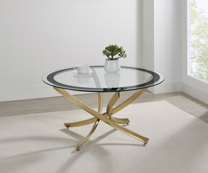 Brooke Round Glass Top Coffee Table Metal Base Rose Brass
