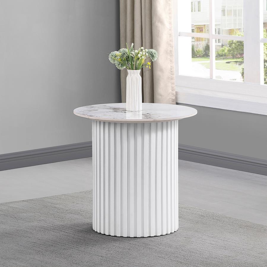 Rowena Round Sintered Stone End Table White Faux Marble Default Title