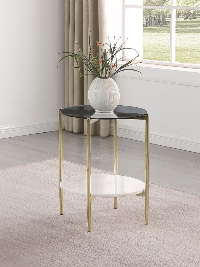 Jonelle Round Glass Top End Table White Marble Shelf Gold Default Title