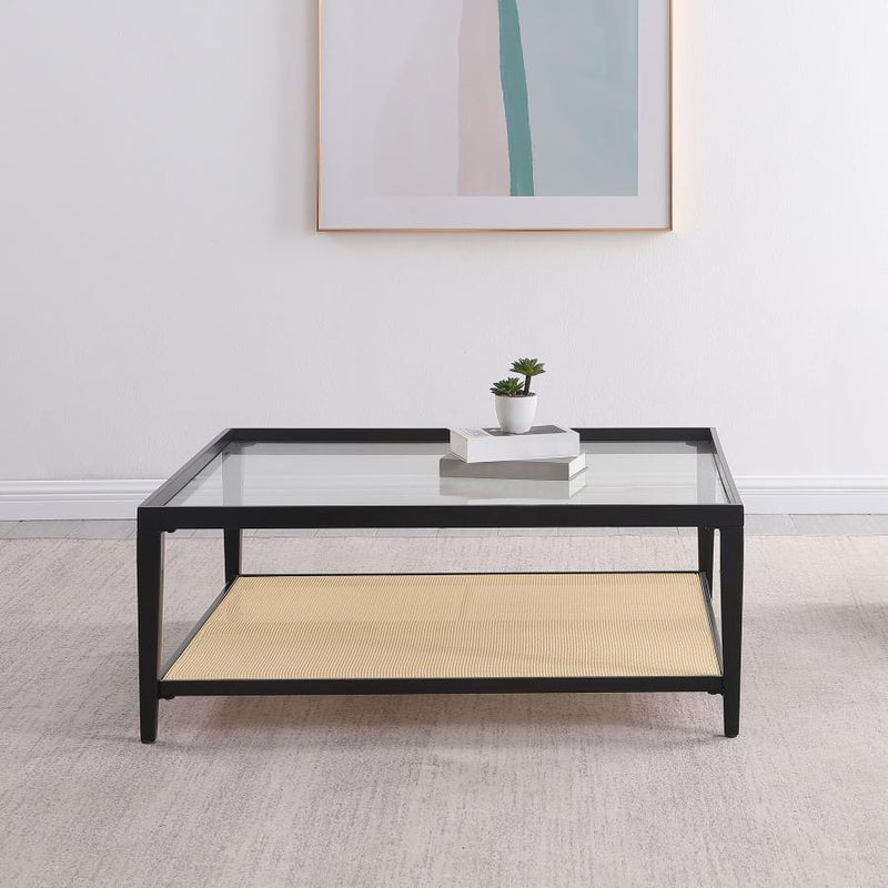 Amherst Glass Top Metal with Cane Shelf Coffee Table Black Default Title