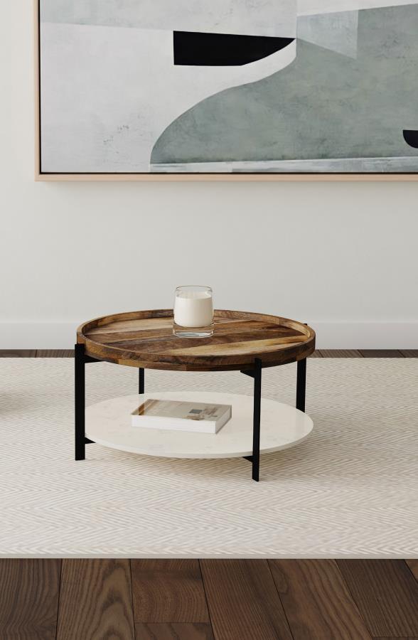 Adhvik Round Wood Top Marble Shelf Coffee Table Natural Default Title