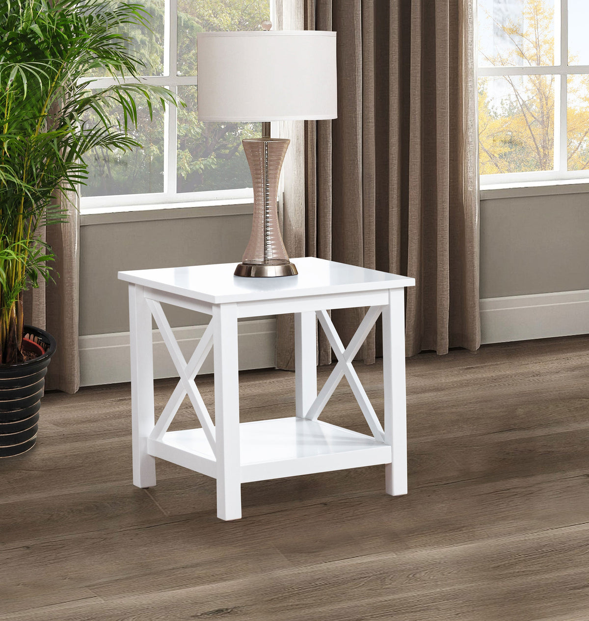 Skyview Square Pine Wood Side End Table with Shelf White