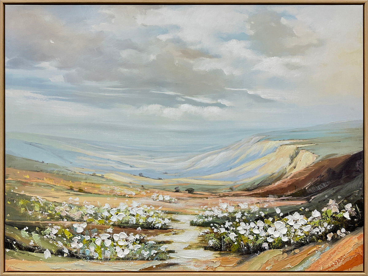 Wildflower Valley Hand-Embellished Canvas In Frame - Light Natural Wood / Blue-Gray