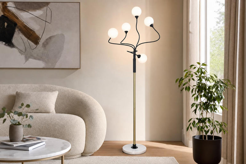 "Celestial Branch" Metal Floor Lamp - Matte Black / White Frosted Glass / White Marble / Soft Gold