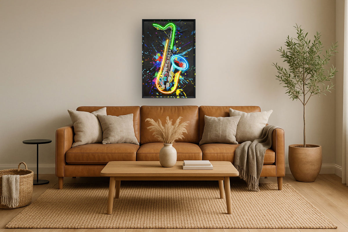 Neon Jazz Splash - 25" x 37" Framed Wall Art - Black
