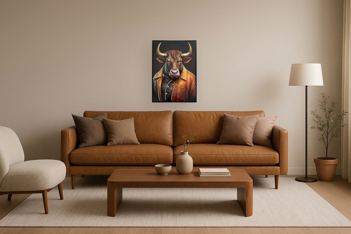 Bull in Vintage Jacket - 21" x 29" Framed Wall Art - Dark Brown