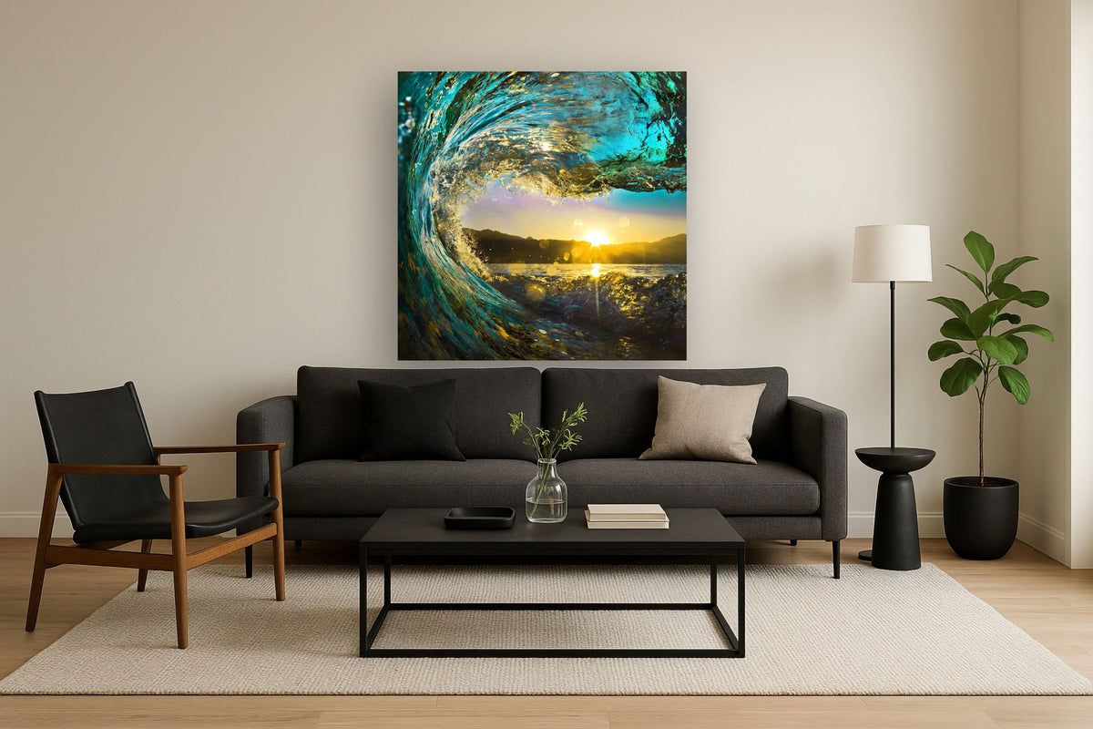 Floating Tempered Glass With Foil Waves On Sunset - Blue
