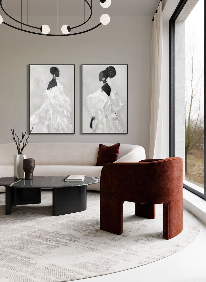 "Elegant Silhouette II" Hand-Painted With Rocks In Frame - Black / Gray