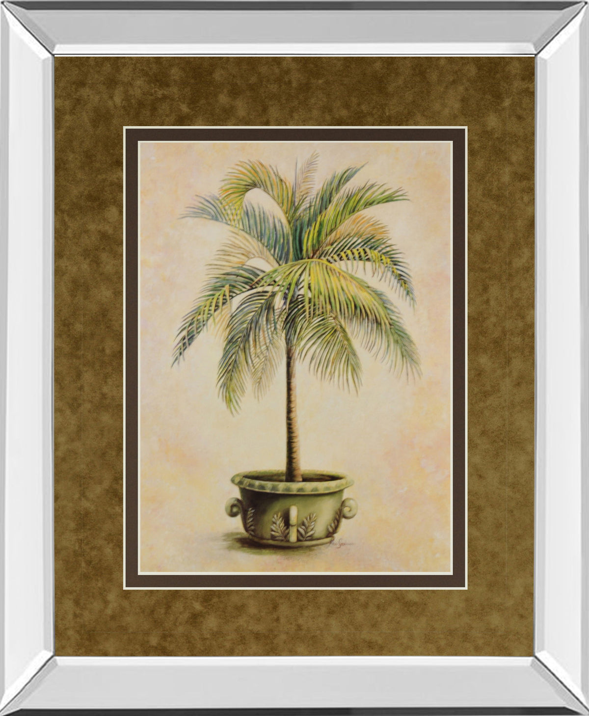 Potted Palm Il - Mirror Framed Print Wall Art - Light Brown