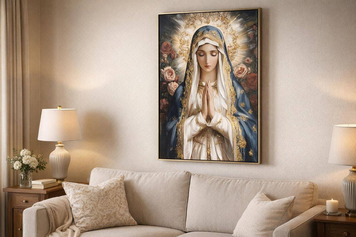 Sacred Bloom I Hand-Embellished Canvas In Frame - Blue / Ivory