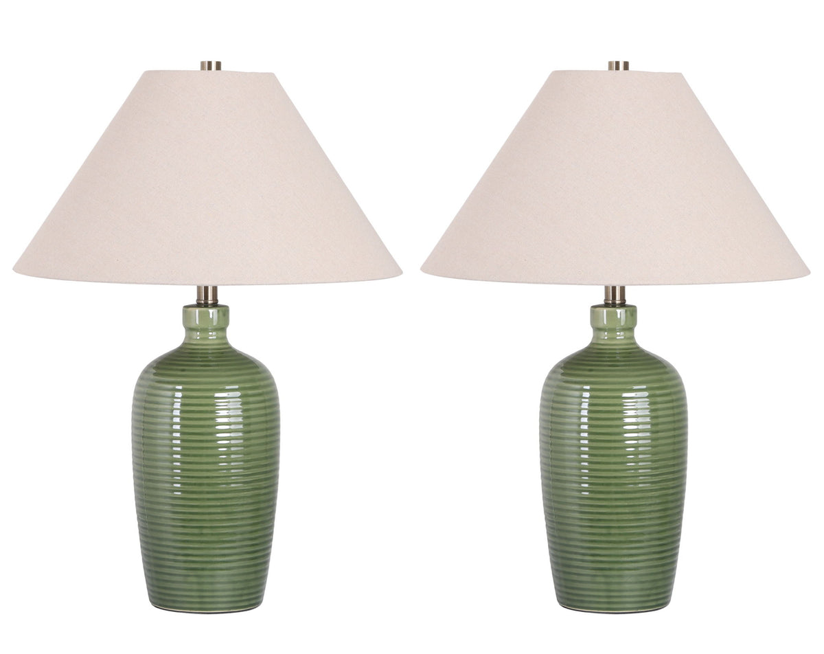"Verdant Elegance" Ceramic Table Lamp (Set of 2) - Sage Green / Asb