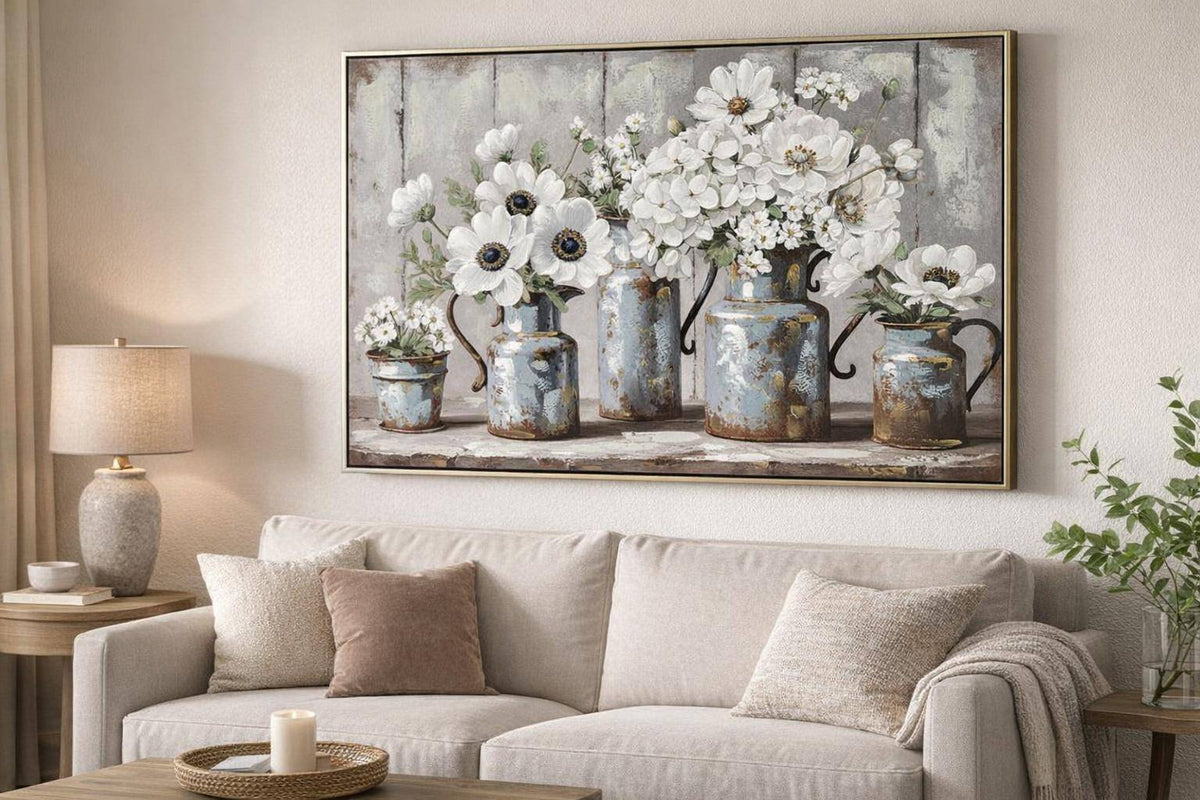 Rustic Blossoms Study Hand-Embellished Canvas In Frame - Blue / Gray