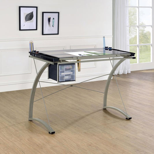 Melo 41-inch Glass Top Drafting Table with Storage Silver Default Title