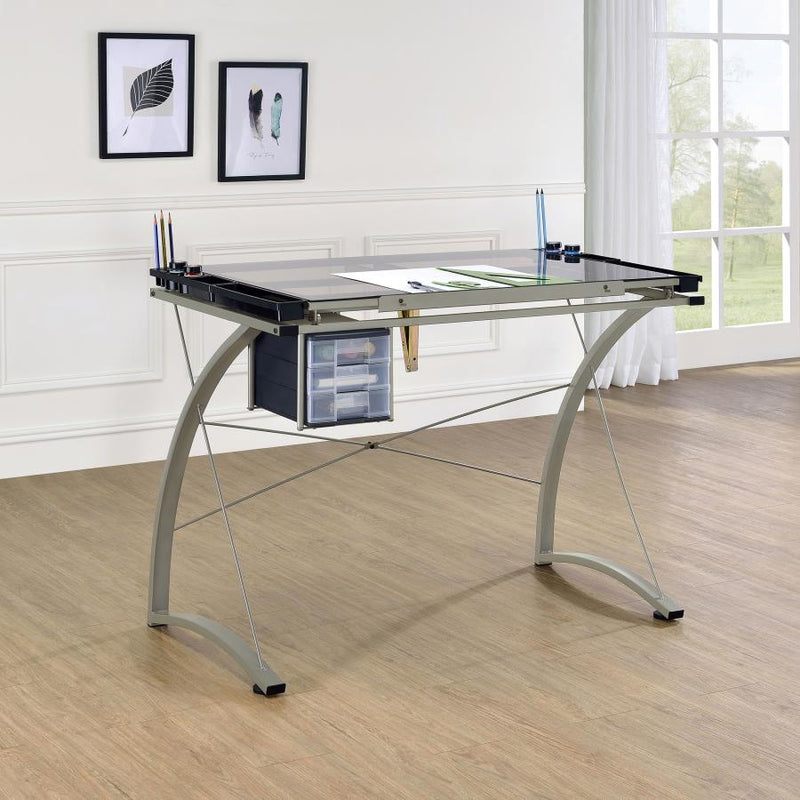 Melo 41-inch Glass Top Drafting Table with Storage Silver Default Title