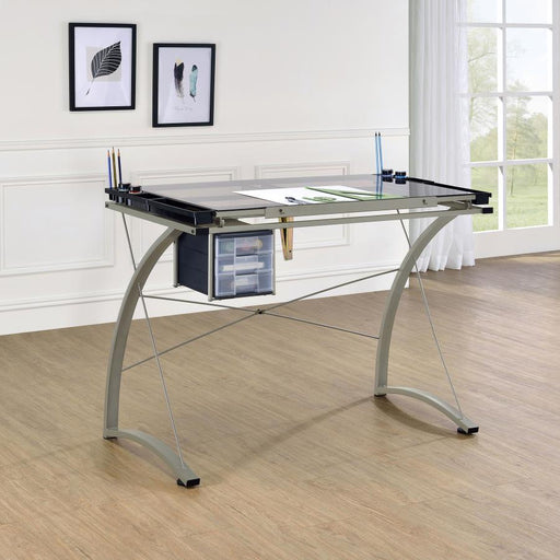 Melo 41-inch Glass Top Drafting Table with Storage Silver Default Title