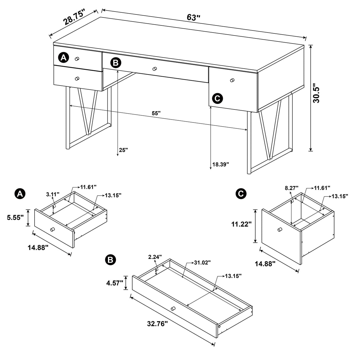 Analiese 63-inch 4-drawer Writing Desk