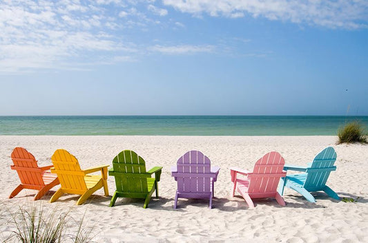 Rainbow Chairs On Beach (Framed Small) - Blue
