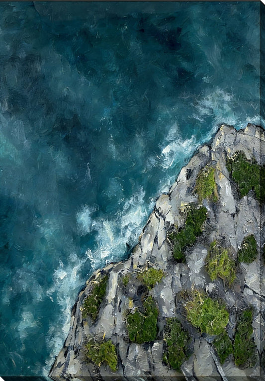 Coastal Passage II Hand-Painted Wrapped Canvas With Faux Moss - Teal / Gray