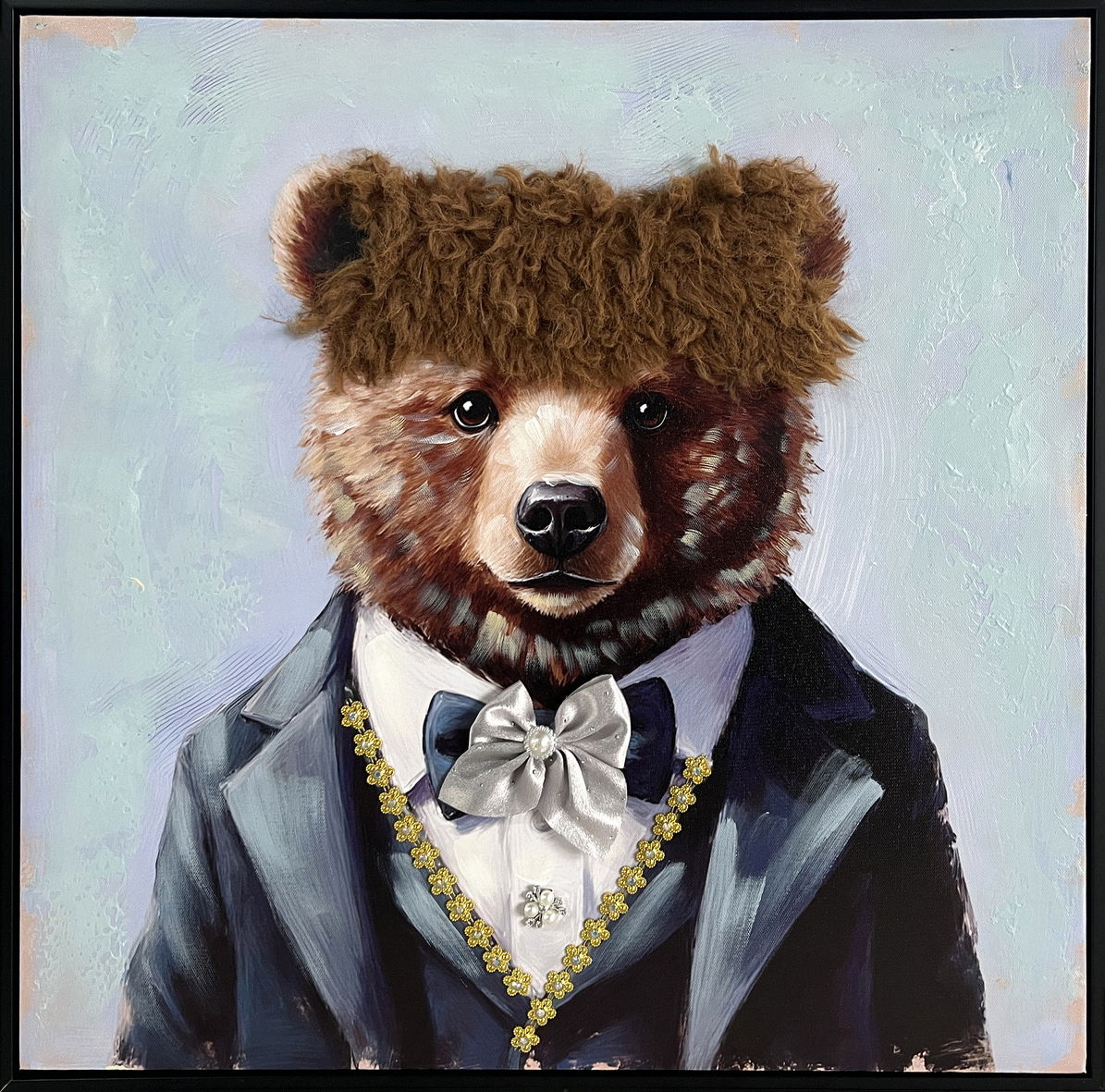 Animal Honor Role II Hand-Embellished Canvas With Fabric In Frame - Black / Brown