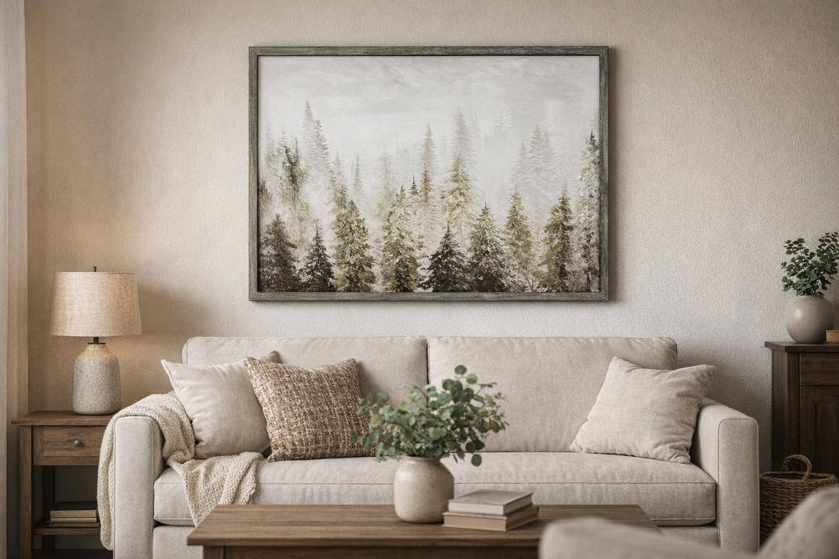 Fogbound Pines Hand-Embellished Canvas In Frame - Gray / Brown