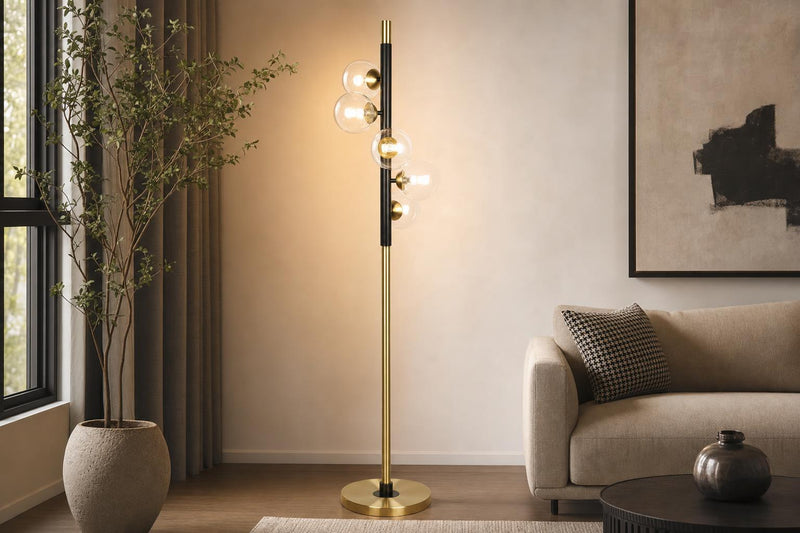"Luminous Orbit" Metal Floor Lamp - Matte Black / Soft Gold / Clear