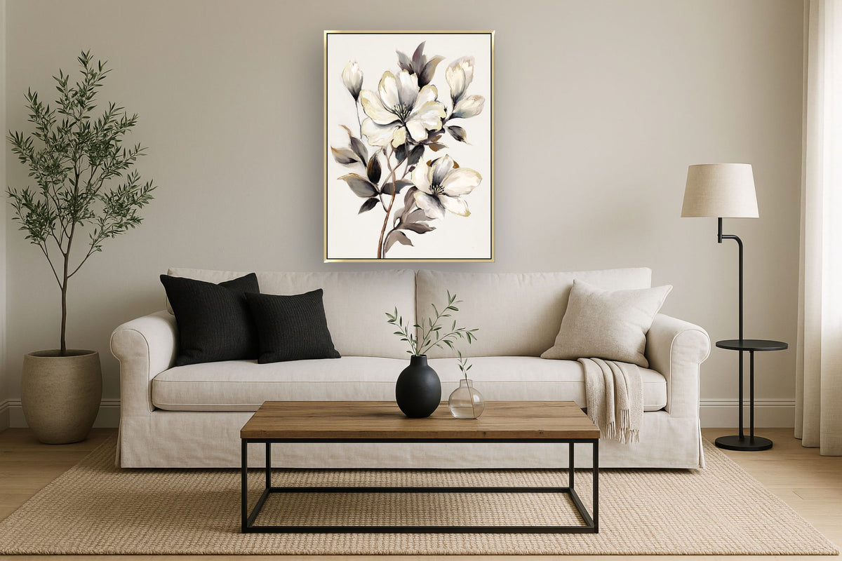 Ivory Bloom Serenade - 35" x 47" Framed Wall Art - Beige