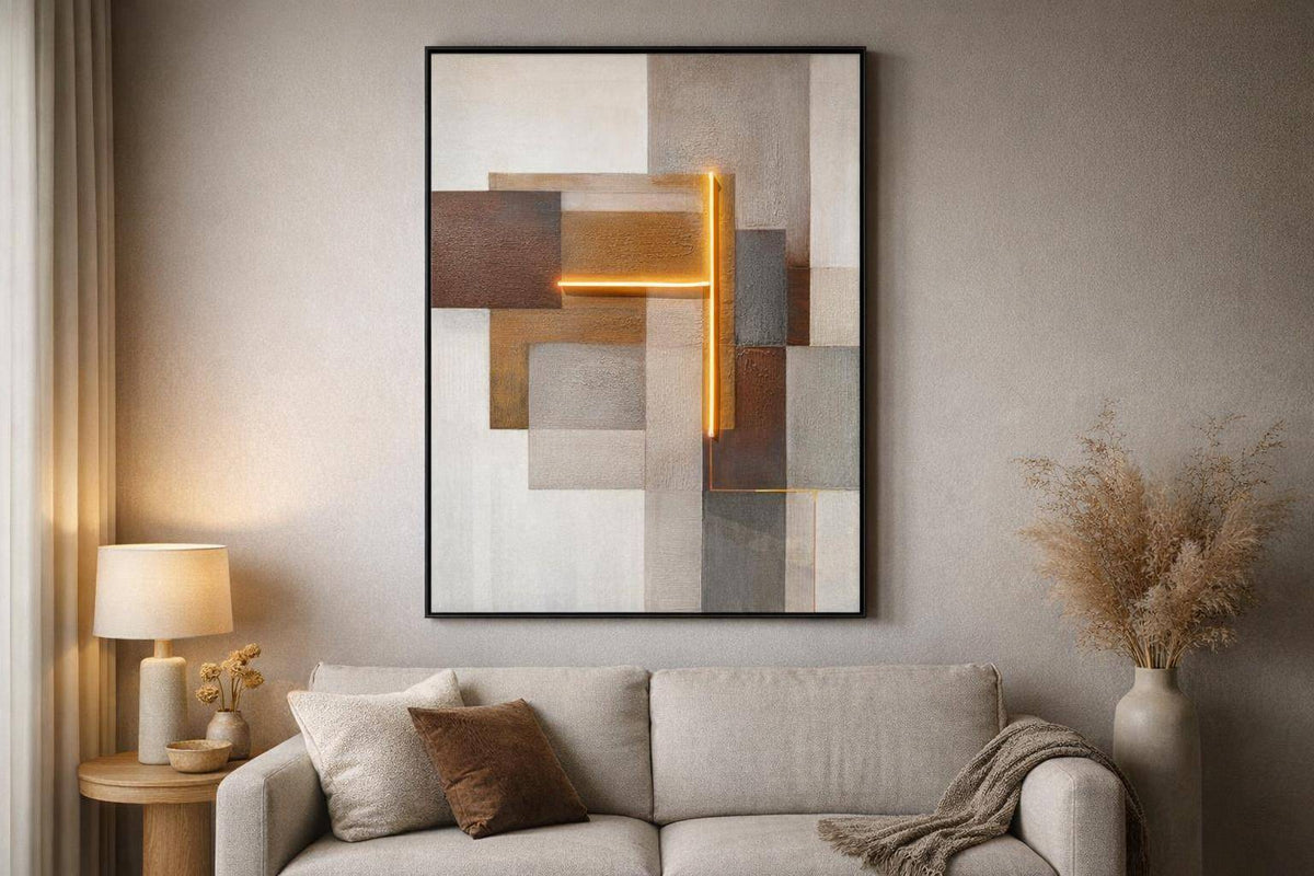 Luminous Grid II Hand-Embellished LED Canvas In Frame - Brown / Orange