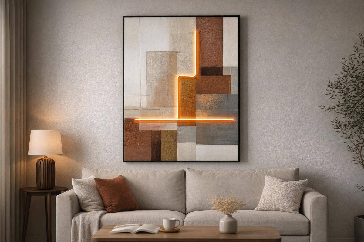 Luminous Grid III Hand-Embellished LED Canvas In Frame - Brown / Orange Glow