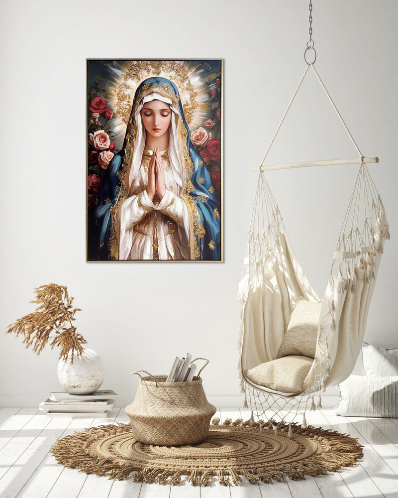 Sacred Bloom I Hand-Embellished Canvas In Frame - Blue / Ivory