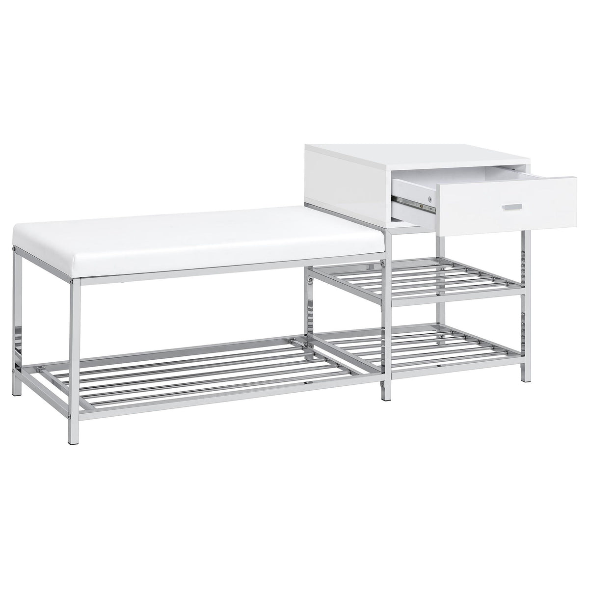 Siega 1-Drawer Shoe Storage Entryway Bench White High Gloss and Chrome