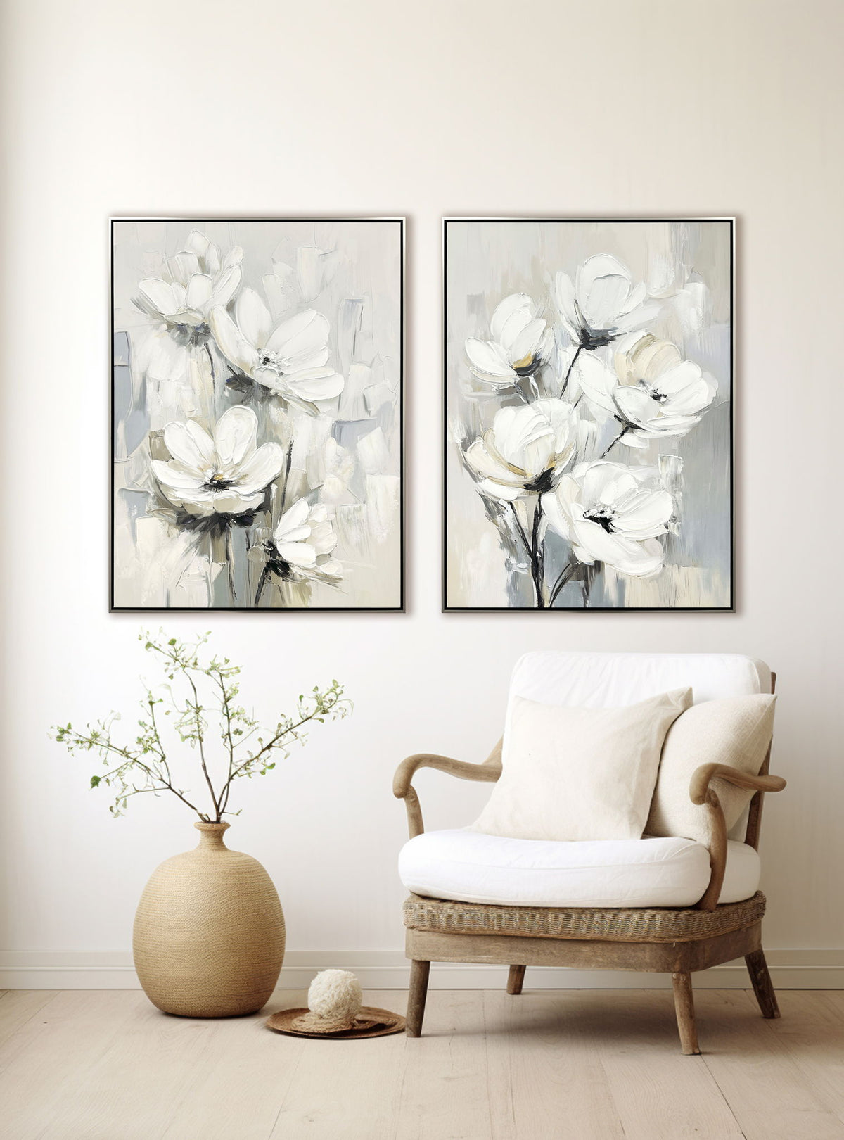 "Whispering Blooms I" Hand-Embellished Canvas In Frame - White / Gray / Black