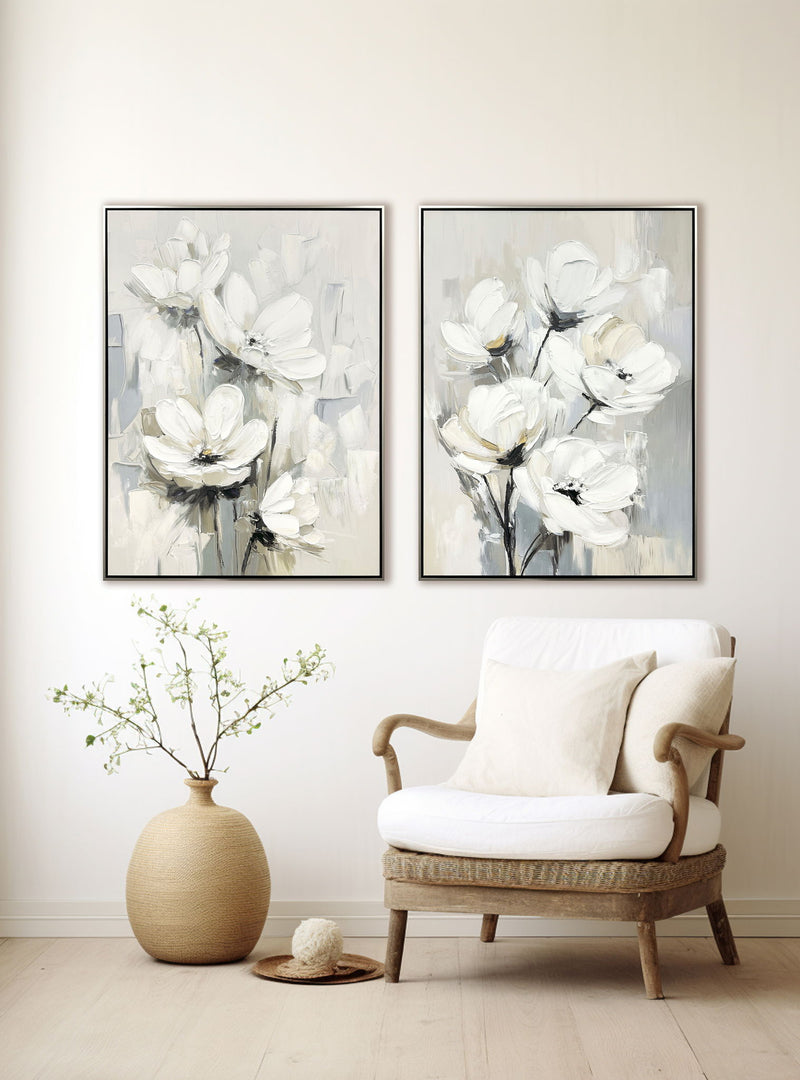 "Whispering Blooms II" Hand-Embellished Canvas In Frame - Neutral / Cream / Ivory