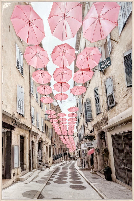 Pink Umbrellas Promenade Gloss Canvas In Frame - Pink / Ivory
