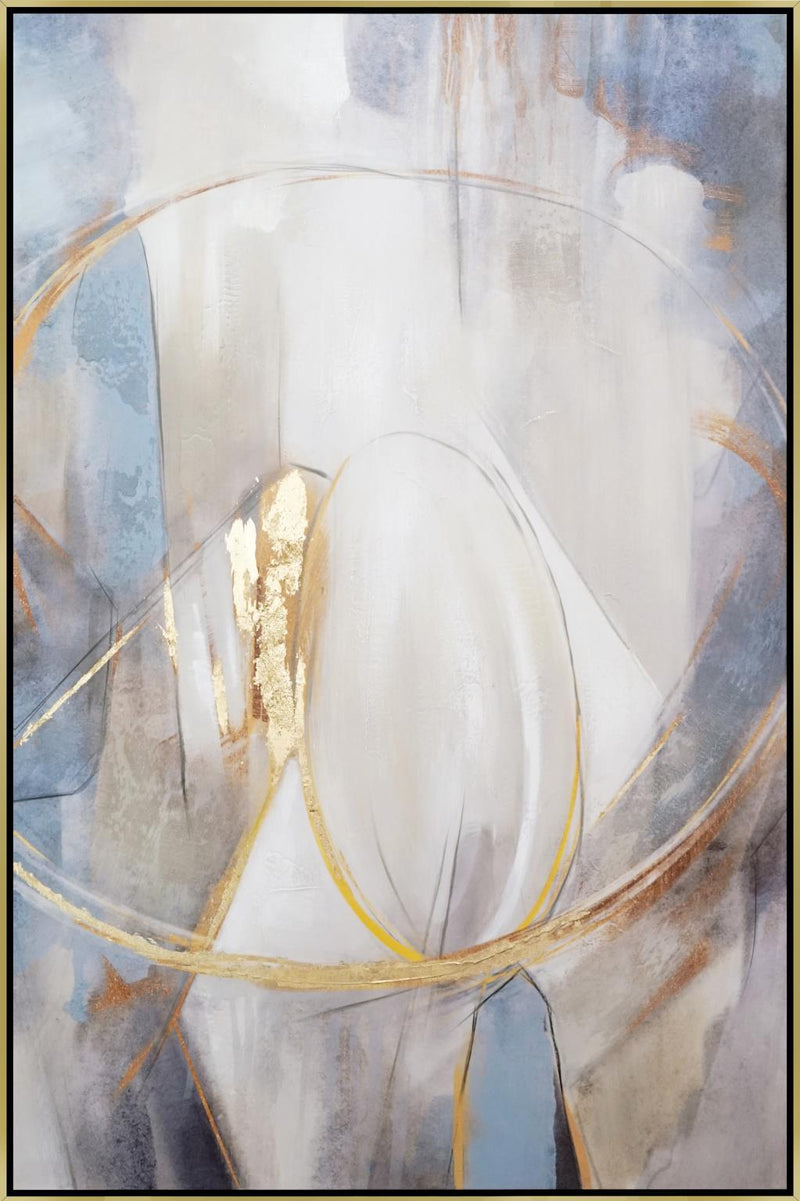 Hand Painted Textured Canvas With Foil In Frame Focused Abstract - Beige
