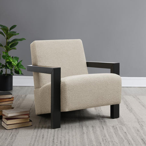 Fitzroy Faux Fur Upholstered Chair Solid Wood Arms Latte