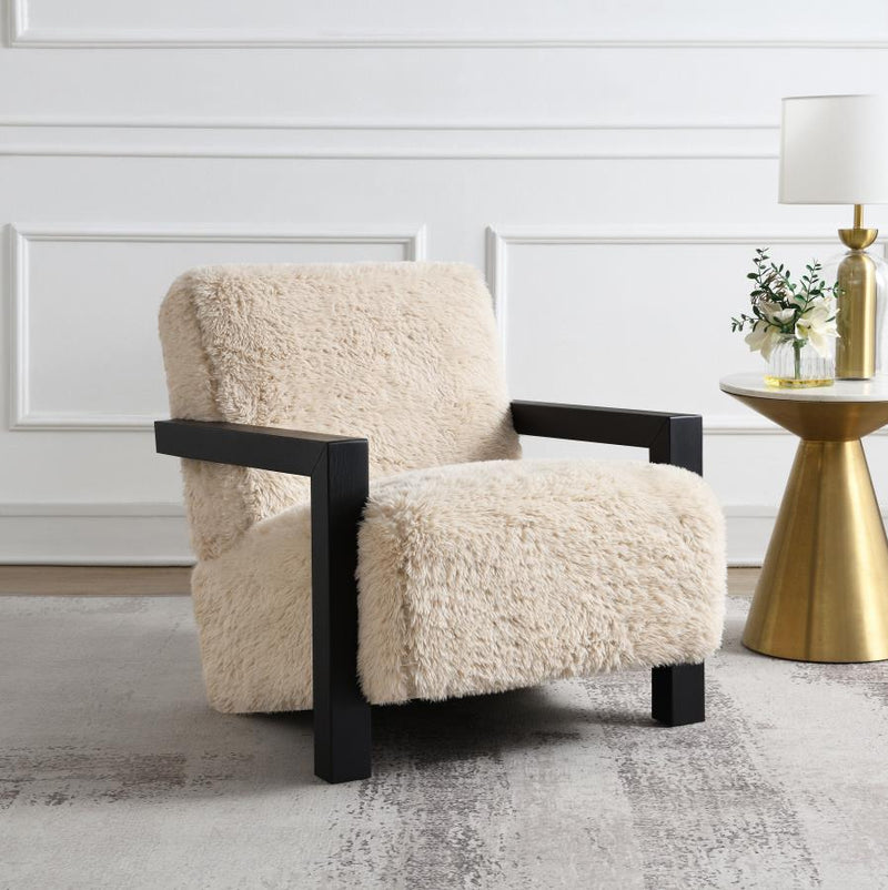 Fitzroy Faux Fur Upholstered Chair Solid Wood Arms Latte Fur