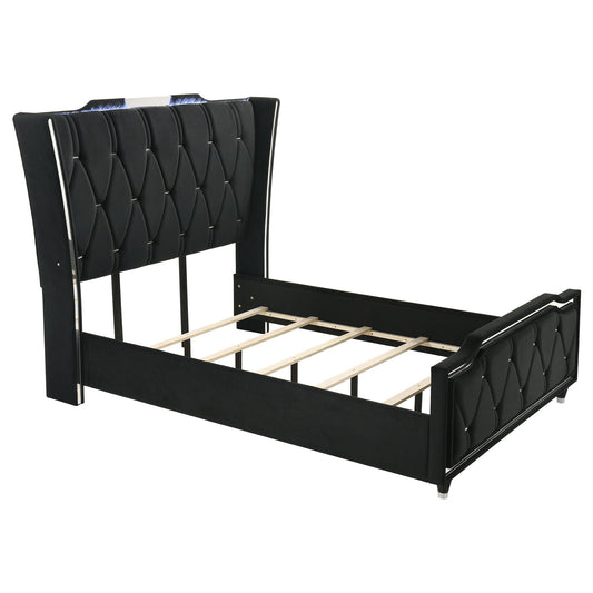 Lorient Queen LED Upholstered Wingback Bed Black