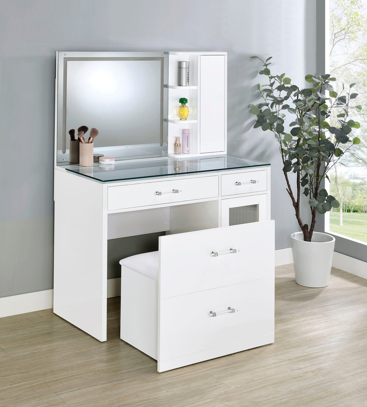 Flora 2-drawer Vanity Set with LED Mirror High Gloss