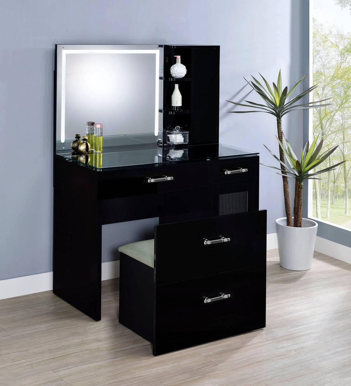 Flora 2-drawer Vanity Set with LED Mirror High Gloss