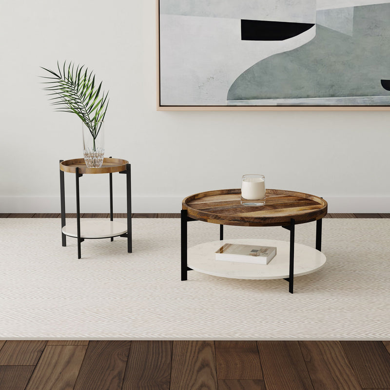 Adhvik Round End Side Table Marble Shelf Natural and Black