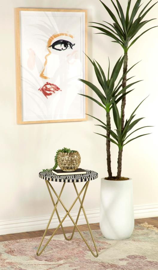 Xenia Round Bone Inlay Accent Side Table White and Gold Default Title