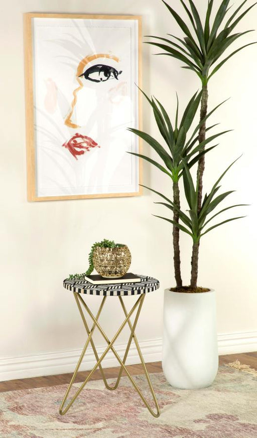 Xenia Round Bone Inlay Accent Side Table White and Gold Default Title